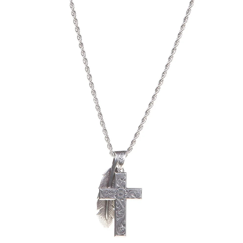 Colar Country Masculino Cruz com Pena Prata – 32140