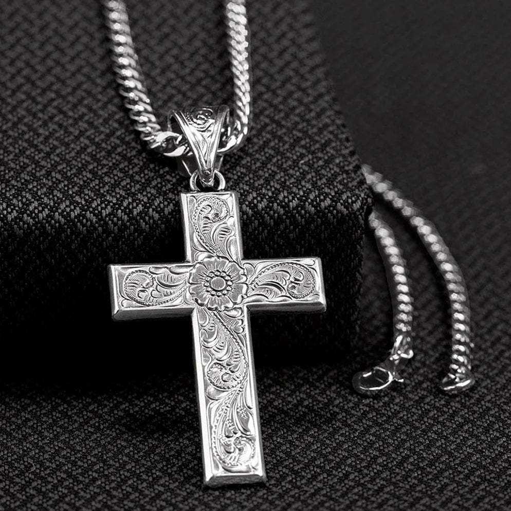 Colar Country Masculino Cruz Prata Detalhada – 32106