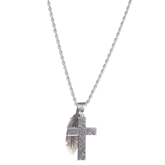 Colar Country Masculino Cruz com Pena Prata – 32140